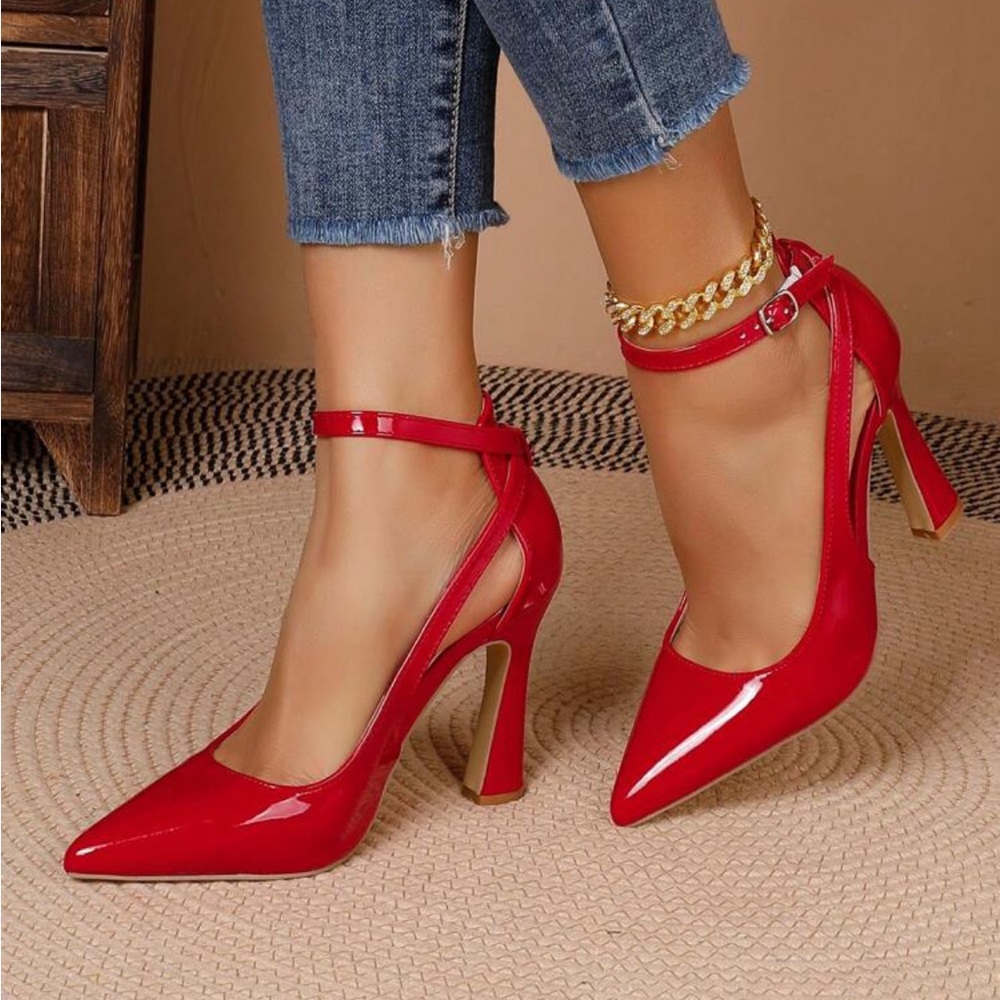 Rebellious Rose Red Patent Pointed-Toe Ankle-Strap Pumps - Picture 4 of 4